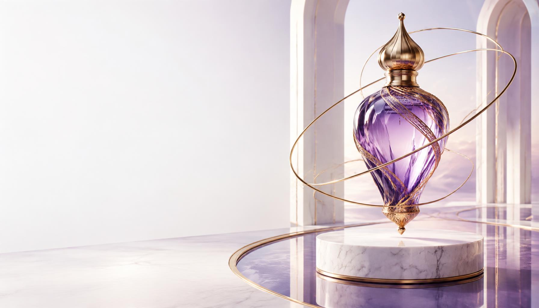 An amethyst genie bottle surrounded by gold rings in a luminous architectural space